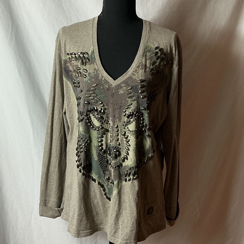 Double D Ranch Long Sleeve Top with Embellished Wolf Design